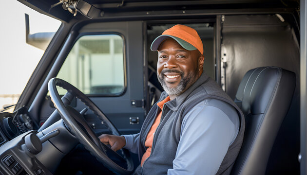 Semi truck driver black man inside the driver cabin.