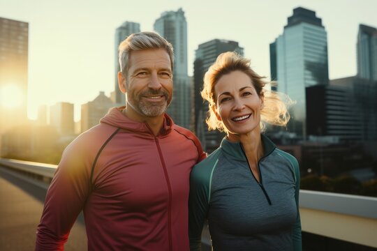 Athletic Caucasian couple in sportswear posing for camera with confident and energetic smiles. Happy mature man and woman jogging or working out outdoors. Healthy lifestyle in urban environment.