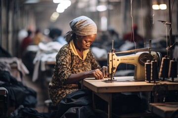 Focused mature black woman tailor with appearance sews things from natural fabric using sewing machine at clothes making factory. Handwork and sewing with help of mechanism in old age.