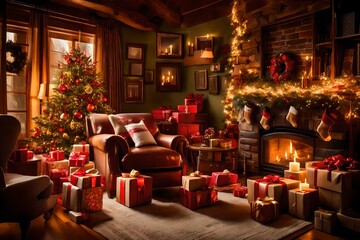 : A cozy den with a crackling fireplace, decked out in festive decor. The room is filled with the warm glow of twinkling lights, and a collection of beautifully wrapped gifts and fresh flower arrangem - obrazy, fototapety, plakaty