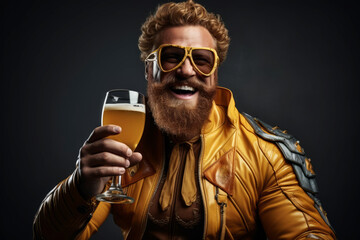 Comic portrait of a fat redhead bearded man in yellow superhero costume wearing glasses with a glass of beer. Funny smiling dude portrays the friendly Superman and proposing a toast. Black background. - obrazy, fototapety, plakaty