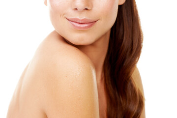 Body, skincare and woman closeup relax in studio, white background or dermatology in beauty salon or spa. Natural, glow and girl with cosmetics, mockup or collagen treatment for skin wellness