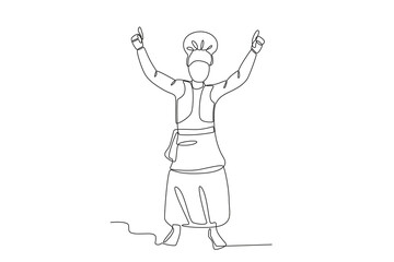 A man raises his hands wearing traditional clothes. Lohri one-line drawing