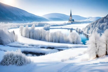 A frosty landscape with a meandering river winding through a snowy valley. In the distance, a grand church spire rises above the white landscape, and the entire scene is bathed in the soft, cool light - obrazy, fototapety, plakaty