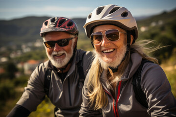 Happy smiling elderly couple in safety helmets riding bicycles together to stay fit and healthy. Caucasian seniors have fun on a bike ride in summer countryside. Retired people lead active lifestyle.