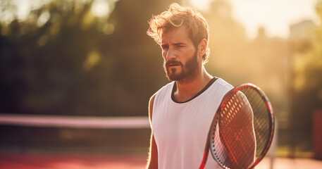 Portrait of sad and tired man tennis player on outdoor tennis court.