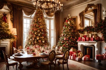 : A luxurious formal dining room adorned with opulent holiday decorations. A grand Christmas tree stands in one corner, surrounded by an array of meticulously wrapped gifts and exquisite floral arrang