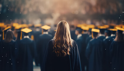 degree wearing girl standing with her back to the crowd - obrazy, fototapety, plakaty