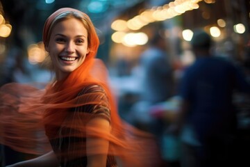 Fototapeta premium Photo of a beautiful young woman walking through a clothing store. Blur the movement of passing customers and the background