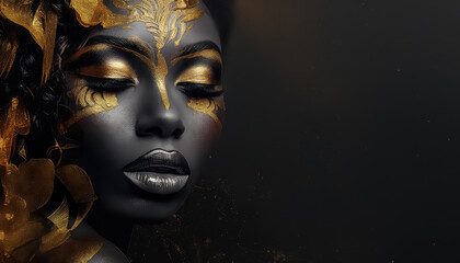 black painted woman's face with gold details, in the style of photorealistic accurac