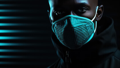 american man wearing a medical mask on a black background - obrazy, fototapety, plakaty