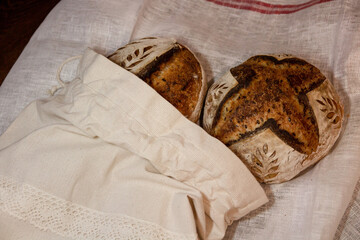 Beautiful patterned sourdough bread. Sourdough bread. Healthy bread. Baking business.