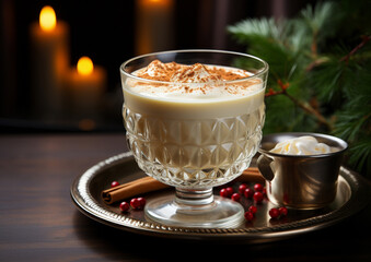Eggnog in a glass, Christmas and fall-winter season drink. AI