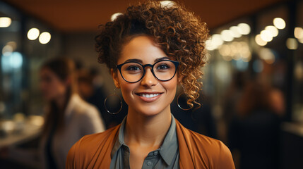 Young Latin sales executive woman. Businesswoman. Attractive and modern girl wearing glasses, smiling and working in office. Professional. Saleswoman. Background with copy space.