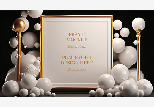 Gold and Black Celebration Frame with White Balls and Candlesticks - Perfect for Birthday and Wedding Mockups! Celebration Birthday Wedding Mockup 