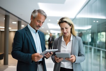 Obraz premium Mature man and woman holding tablet computers at an office