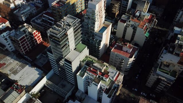 Dense development. City view, highrise buildings, aerial top view from copter.