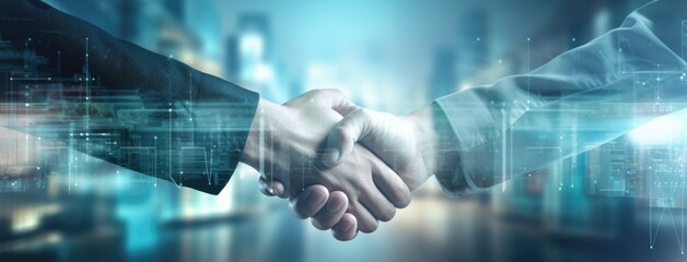 Two businessman shaking hands in front of a window at office.