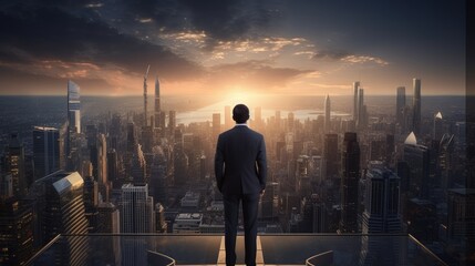 Fototapeta na wymiar Businessman watching city from top of a building