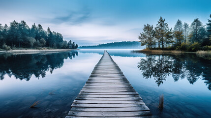 a wooden path to calm lake, landscape nature photo, minimal wallpaper