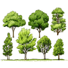 Set of trees water color isolated on white background generative Ai.