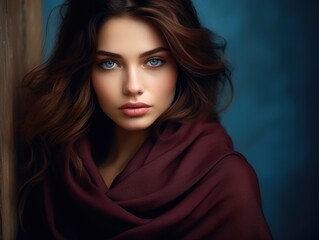 Close-up photo of a beautiful charming woman with beautiful wavy hair and wearing fashionable clothes in modern colors. Style, beauty and fashion concept
