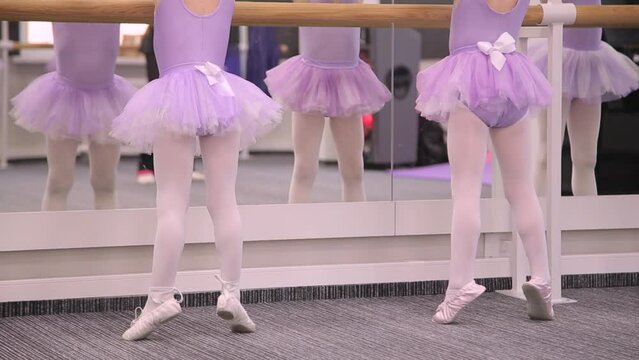Girls perform ballet exercises during choreography training