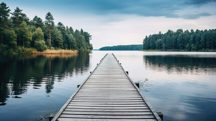 Fototapeta na wymiar a wooden path to calm lake, landscape nature photo, minimal wallpaper