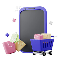 3d illustration of smartphone with shopping cart and shopping bags, Shopping online concept