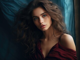 close-up photo of a beautiful charming woman with beautiful wavy hair in fashionable modern clothes. Style, beauty and fashion concept © koplesya