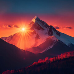 Dawn over the snow capped mountains. Snowy mountain peak at dawn. Sunrise in mountains. Mountain sunrise landscape