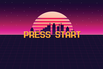 PRESS START.pixel art .8 bit game. retro game. for game assets in vector illustrations. Retro Futurism Sci-Fi Background. glowing neon grid and star from vintage arcade computer games.