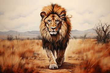 Lion in hat acrulic oil paint. Animal king in suit. Wildlife concept