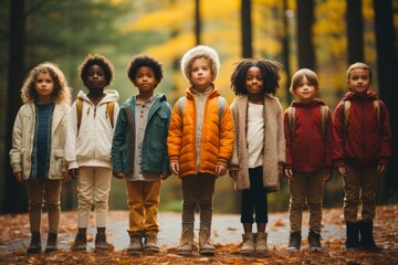 Obraz premium Group portrait of cheerful smiling multiethnic children with backpacks in autumn forest. Happy boys and girls of different skin colors play and learn tourism skills. Diversity and friendship concept.