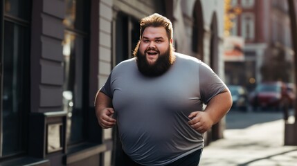Plump man in sportswear at jogging workout on asphalt path on the city street. Fat man Improves physical health burning fat with thirst to lose weight. Active lifestyle and monitoring appearance