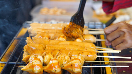 sausages, fish balls, grilled with hot charcoal