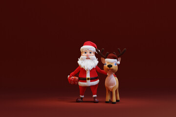 Cute cartoon Santa Claus and Deer. 3d render