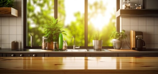 Fototapeta premium Rustic charm. Vintage kitchen interior setting. Modern and bright. Empty space with rustic wooden table. Retro ambiance