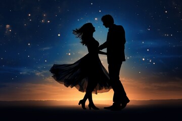 a couple dancing under the moonlight, caught in a silhouette