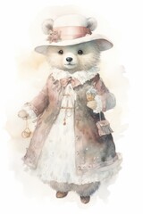 An antique watercolor painting featuring a cute bear dressed in Victorian-style attire from the 16th to the 19th century, suitable for wall decor.