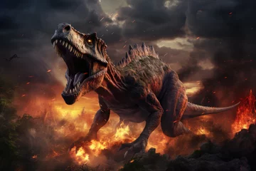 Foto op Plexiglas Angry dinosaur with fire around © Odin AI