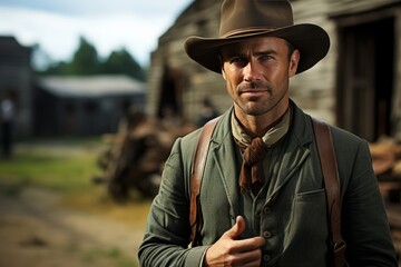 Obraz premium Portrait of mature man in cowboy clothes and hat against the background of wild west rancho. An experienced man with a weathered face looking confidently at camera. Real courageous cowboy.