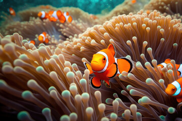 Orange Clownfish Amongst Anemone Tentacles in Shallow Reef - obrazy, fototapety, plakaty
