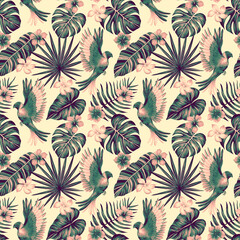 Tropical seamless pattern. Colorful vivid print with beautiful palm jungle leaves, flowers and lorikeet parrots. Repeated luxury design for packaging, cosmetic, fashion, textile, wallpaper.