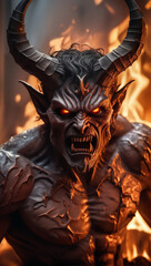 The Devil is depicted as a dark, horned creature with red eyes and a fierce expression