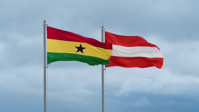 Austria flag and Ghana flag waving together on cloudy sky, endless seamless loop, two country relations concept
