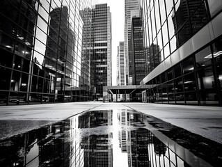 Reflection of buildings in the glass of a modern office building, black and white
