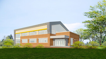 modern building in the park, 3d rendering of a modern sports center, gymnasium