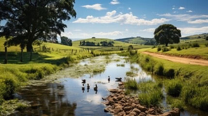 Fototapeta na wymiar Ducks enjoying a sunlit stream in a green landscape