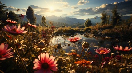 Blooming meadow at sunset with mountains in distance